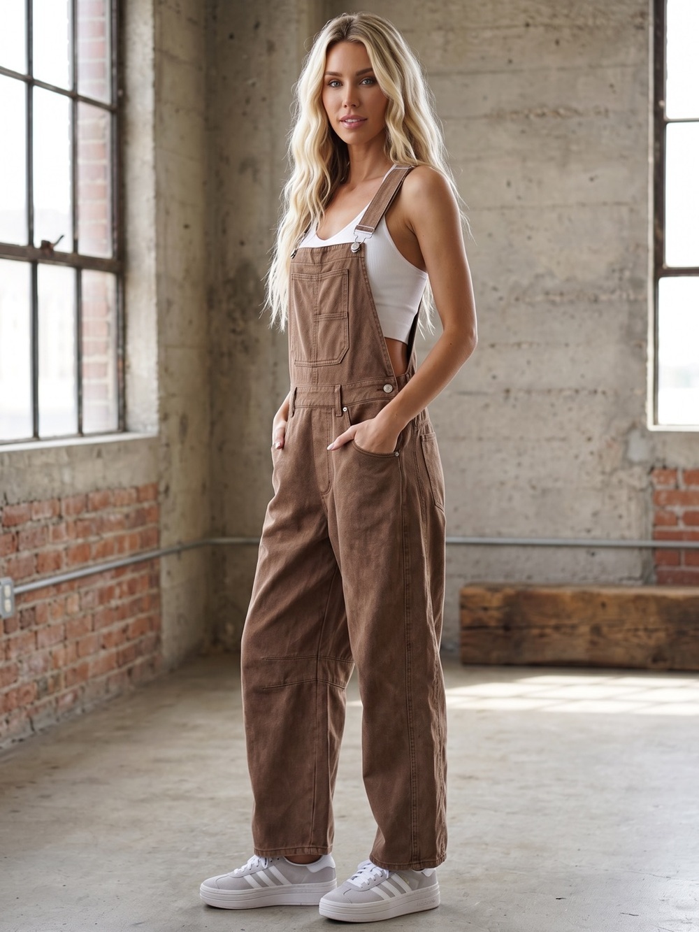 Washed Brown Eesome Barrel Horseshoe Jumpsuit Overalls - Picture 4 of 9